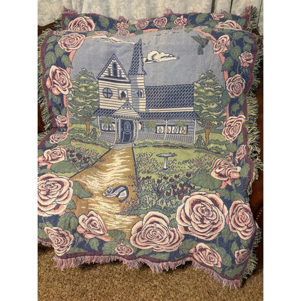 VTG Woven Tapestry Throw Blanket 75x47 In Victorian House Pink Roses Garden Cat